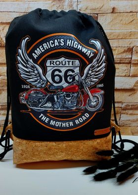 Turnbeutel Rucksack Taschenbeutel in schwarz und Kork - Route 66