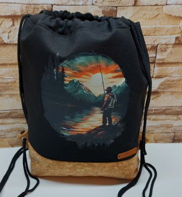 Turnbeutel Rucksack Taschenbeutel in schwarz und Kork - Angler