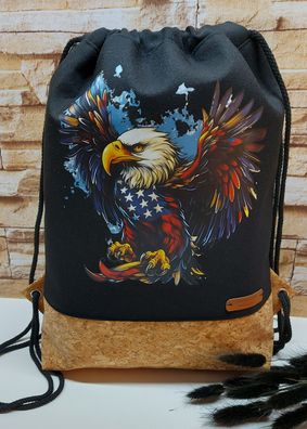 Turnbeutel Rucksack Taschenbeutel in schwarz und Kork - Adler