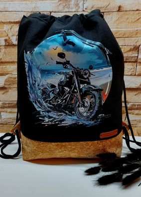 Turnbeutel Rucksack Taschenbeutel in schwarz und Kork - Meer und Motorrad