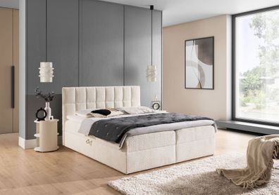 Boxspringbett Schlafzimmerbett Dominga Premium 200x200cm Stoff Coral Creme
