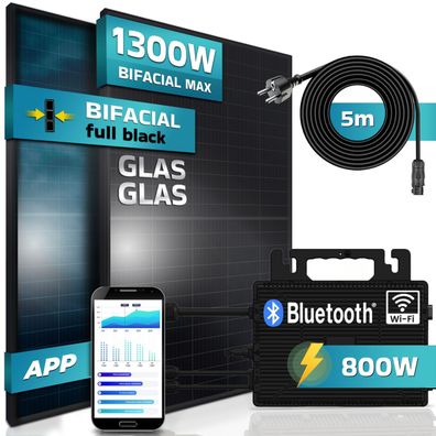 SUNNIVA® Balkonkraftwerk Black Bifacial Glas-Glas Set 1300/800W mit Astro Energy