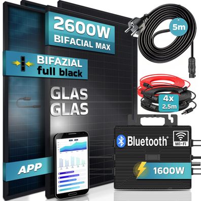SUNNIVA® Balkonkraftwerk Black Bifacial Glas-Glas Set 2600/1600W mit Astro Energy