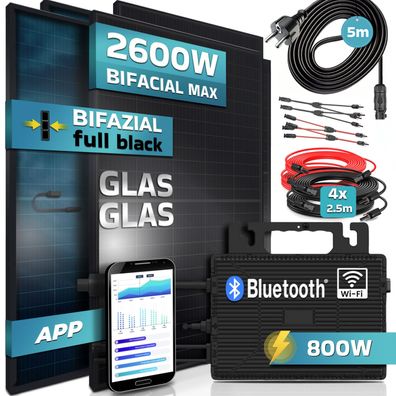 SUNNIVA® Balkonkraftwerk Black Bifacial Glas-Glas Set 2600/800W mit Astro Energy