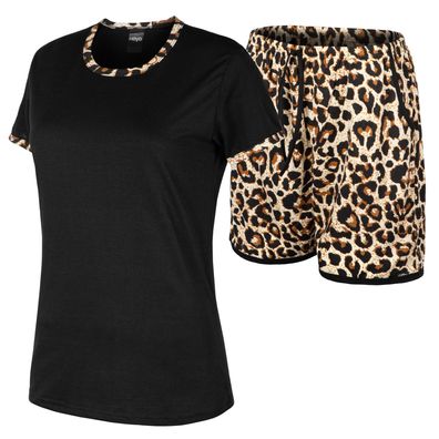 Damen Schlafanzug Kurz Baumwolle Zweiteiliger Pyjama Set T-Shirt & Shorts mit Taschen