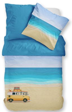 Dormabell Satin Bettwäsche 155x220 Beach Van Bus Strand Meer blau beige Wende