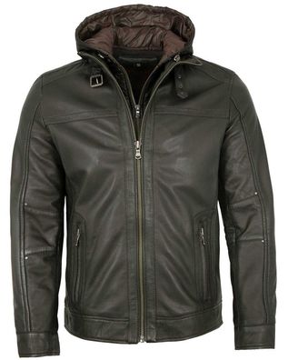 Herren Lederjacke Kapuze Lammnappa grau-braun