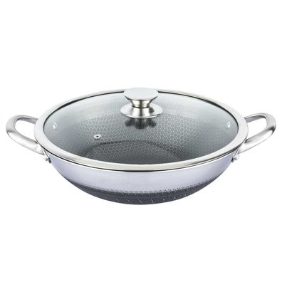 Wok Bratpfanne Edelstahl mit Antihaft Wabenstruktur Wokpfanne mit Glasdeckel Asia