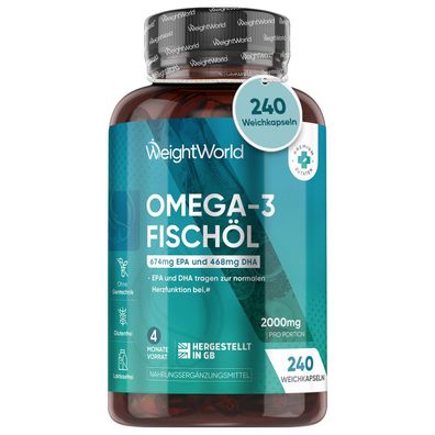 Omega 3 Kapseln - 2000mg Fischöl mit 1100mg Omega-3 - 240 Softgels - WeightWorld