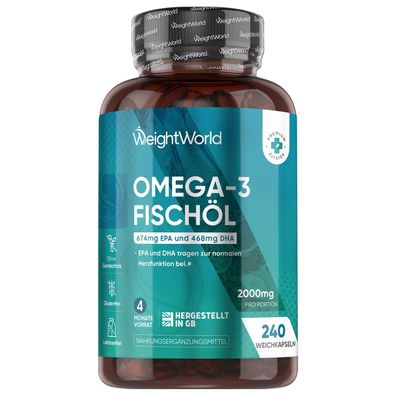 Omega 3 Kapseln - 2000mg Fischöl mit 1100mg Omega-3 - 240 Softgels - 3 Flaschen