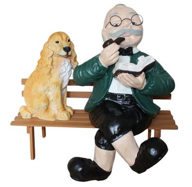 Dekofigur Opa mit Hund auf Bank Gartenfigur H 60 cm - wetterfeste Deko aus Kunstharz