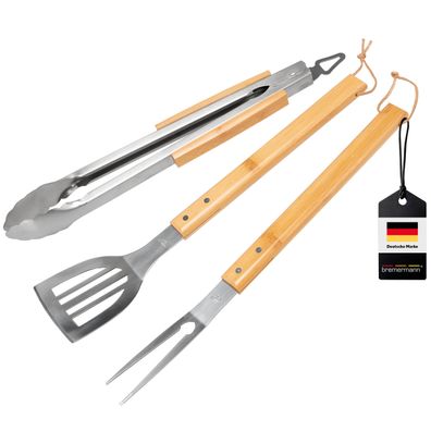 bremermann Grillbesteck 3er Set | Edelstahl mit Bambusgriffen