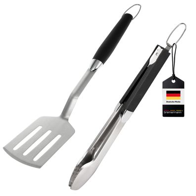 bremermann Grill-Besteck 2tlg. | Zange und Wender aus Edelstahl mit Softgriff