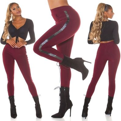 SeXy Miss Damen High Waist Leggings Treggings Glitzer S/M 34/36 L/XL 38/40 bordeaux