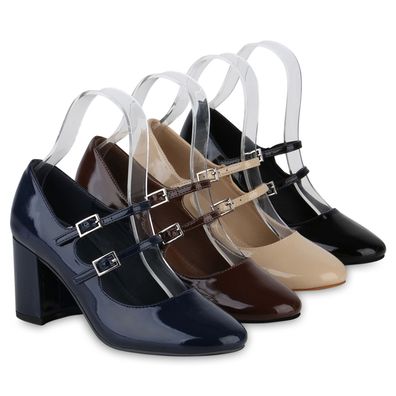 VAN HILL Damen Mary Janes Pumps Eckige Lack Klassische Absatz-Schuhe 841178