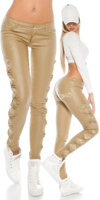 SeXy Miss Damen Wet Leder Look Hose Skinny Spitze Schleifen Legs 36 M 38 L 40 XL beig