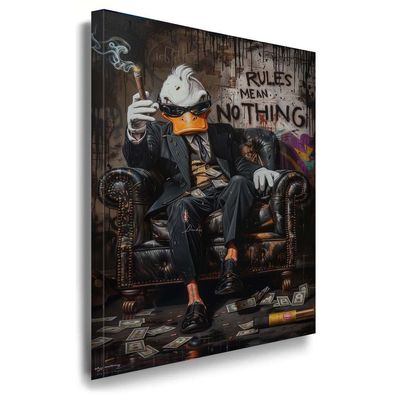 Streetart Wandbild „RULES MEAN Nothing“ - Pop-Art Duck mit Zigarre & Geld | AK ART