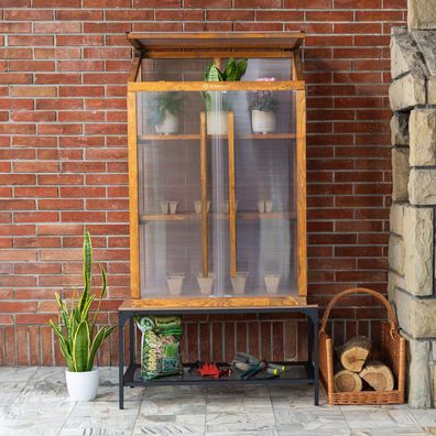 QLS Mini Gewächshaus für Balkon Holz & Polycarbonat 80x42x121 cm für Pflanzen 11263