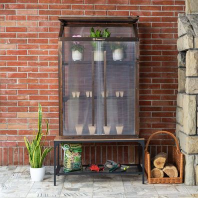 QLS Mini Gewächshaus für Balkon Holz & Polycarbonat 80x42x121 cm dunkel 11264