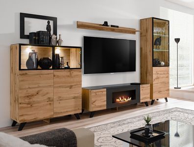 Wohnwand Anbauwand Wohnzimmer Schrankwand THIN-K LED BioEthanol Kamin Push-Click