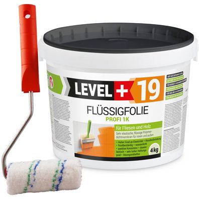 Abdichtung 1K Flüssigfolie 4kg Innen Außen Fliesen Holz+Farbroller 10cm L+19