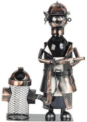 Flaschenhalter Feuerwehrmann Metall bronzefinish 36,5cm Wein Geschenkidee Deko
