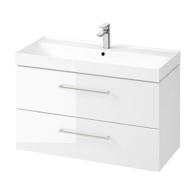 Badmöbel Set Badezimmerschrank mit Keramikwaschbecken LARGA 100 Weiß, Silber Griffe