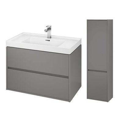 Badmöbel Set CREA 80 Waschbecken-Unterschrank mit Hochschrank 140x40x25, Grau Matt