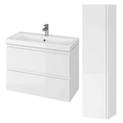 Badmöbel Set MODUO SLIM 80 Waschbecken-Unterschrank Hochschrank 160 mit Spiegel, Weiß