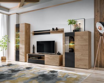 Wohnwand ARON mit Rillenfront und Bio Ethanol Kamin LED und Push - Click