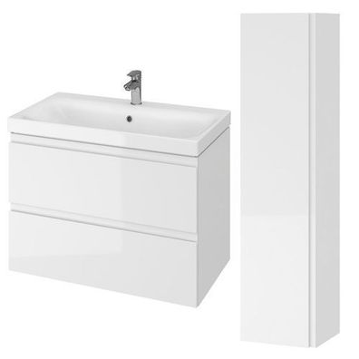 Badmöbel Set MODUO 80 Waschbecken-Unterschrank, Hochschrank 160x40 mit Spiegel, Weiß
