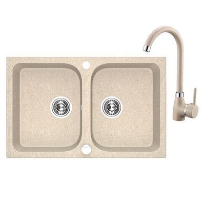 SET Küchenarmatur & Granitspüle 2-Becken CELIA Schwarz 48x76 | inkl. Siphon!