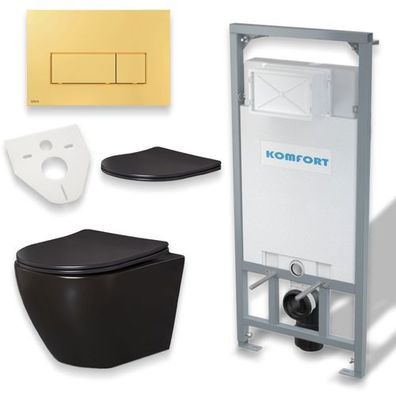 Spülrandlos Wand Hänge Slim Schwarz WC Set: Vorwandelement C201, Drückerplatte Gold