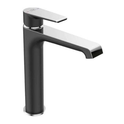 Waschtischarmatur Wasserhahn Hoch LARGO Mischbatterie in Schwarz-Silber + Click-Clack
