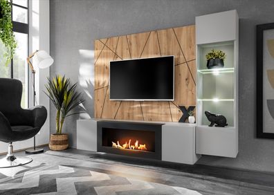 Wohnwand Anbauwand XARI PGAS-K mit Led B. und Push - Click und Bio-Ethanol Kamin