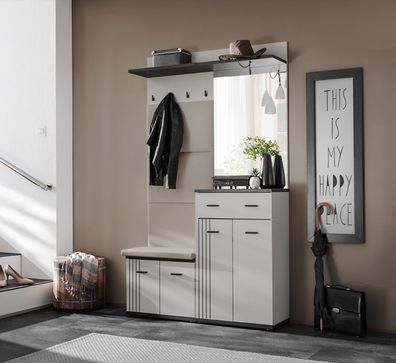 Flurgarderobe Schuhschrank Wandpaneel HUGO VI mit Sitzbank und Spiegel