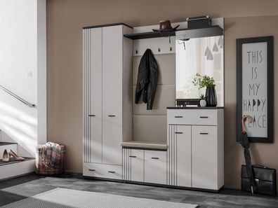 Flurgarderobe Schuhschrank Wandpaneel HUGO VII mit Sitzbank und Spiegel