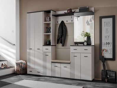 Flurgarderobe Schuhschrank Wandpaneel HUGO VIII mit Sitzbank und Spiegel