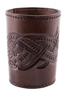 Würfelbecher aus Leder mit geprägtem Drachenmotiv, Jelling-Stil, dunkelbraun