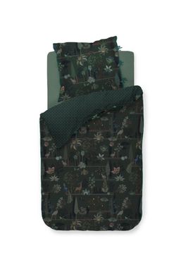 PIP Studio Perkal Bettwäsche 135x200 Alberi Dark Green Bäume Rehe Pfau Wende