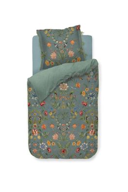PIP Studio Perkal Bettwäsche 135x200 Botanico Verde Blue Vögel Blumen Wende