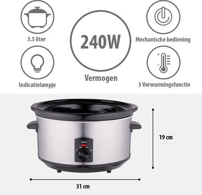 Slow Cooker - 3,5L - Keramik-Innentopf - 240W - Warmhaltefunktion - Edelstahl