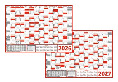 XXL Wandkalender Wandplaner 2026 + 2027 rot (gerollt) DIN A0 (841 x 1189 mm)