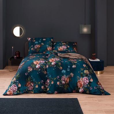 Estella Mako Jersey Bettwäsche DD 135x200 Grazia petrol Blumen Rosenpracht 6945-050