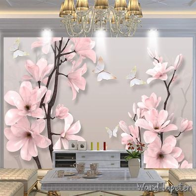 Vlies Fototapete Wandtapete Wandbilder Tapeten 3D Magnolie Schmetterling 7085