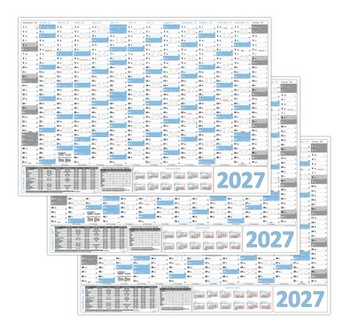 3x XXL Wandkalender Wandplaner 2027 hellblau (gerollt) DIN A0 (841 x 1189 mm)