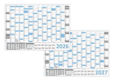 XXL Wandkalender Wandplaner 2026 + 2027 hellblau gerollt DIN A0 (841 x 1189 mm)