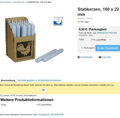 Stabkerzen aus Paraffin, 180/22 mm, Pastellblau, Kerzenfarm HAHN, Brenndauer ca. 8h,