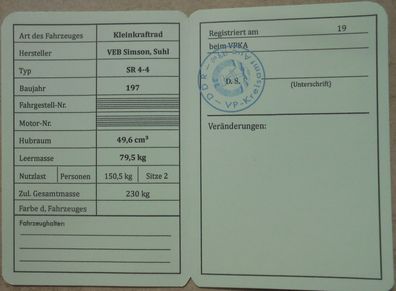 Registrierschein für Kleinkrafträder, Simson Habicht, SR4-4 mit Stempel