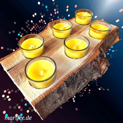 6 Stück Glas-Windlichter auf einer rustikalen Baumschwarte, gelb, Art.-Nr. 12227